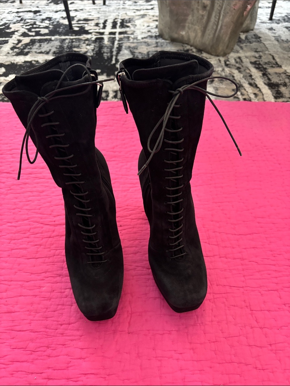 Miu Miu Black Suede Lace-Up Knee Boots, US11